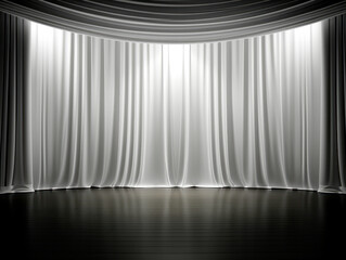 Minimalistic stage with elegant white curtains and a serene, modern ambiance. Generative AI