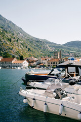 Motorboats are moored along the shore overlooking ancient houses at the foot of the mountains....