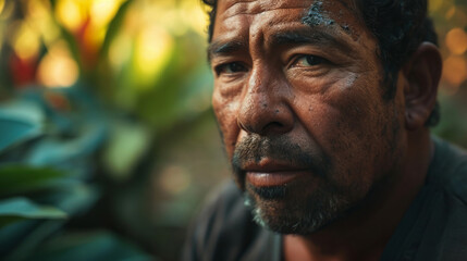 Close up portrait of a middle aged hispanic man, looking into camera with weary sad tearful eyes, in a jungle like garden filled with exotic plants in vibrant colors - obrazy, fototapety, plakaty