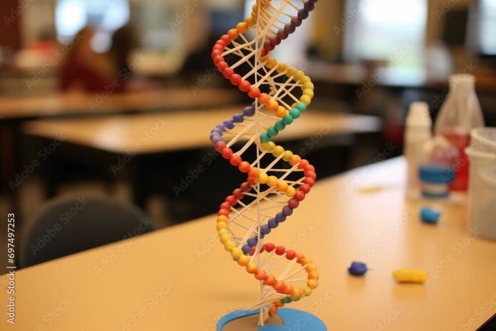 Poster dna model on the table in the science laboratory. science concept, a 3d model of a dna strand in bio