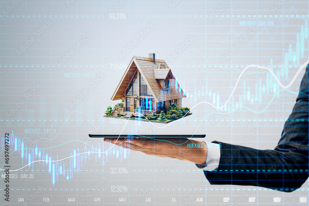Poster hand presenting house model on tablet with market data. property investment technology. generative a