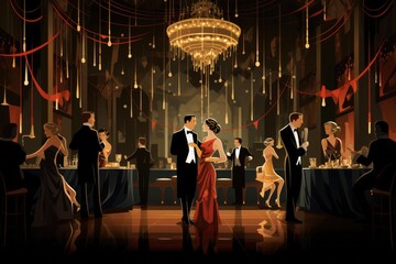 Illustration of a night club interior with people on the background, A 1920s speakeasy with flapper dresses and tuxedos, AI Generated - obrazy, fototapety, plakaty