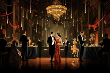 Foto op Canvas Illustration of a night club interior with people on the background, A 1920s speakeasy with flapper dresses and tuxedos, AI Generated © Iftikhar alam