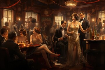 Group of elegant men and women sitting at a table in a restaurant, A 1920s speakeasy with flapper dresses and tuxedos, AI Generated