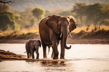 Elephants in Chobe National Park, Botswana, Africa, A baby elephant walking along the riverbank with its mother, AI Generated