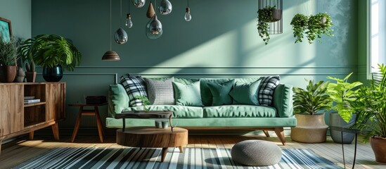 Modern mint sofa, wooden console, coffee table, lamp, plant, frame, pillows, plaid, decoration in stylish living room.