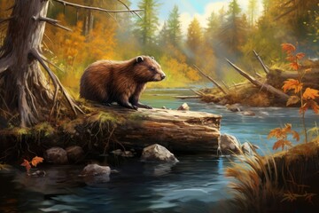 Marmot on the bank of a mountain river. Digital painting, A beaver working on its dam in a tranquil forest stream, AI Generated - obrazy, fototapety, plakaty
