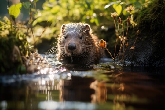 Otter in the water. Wildlife scene from nature series, A beaver working on its dam in a tranquil forest stream, AI Generated