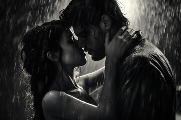 Black and white portrait of young couple kissing under the rain. Monochrome image, A black and white portrait of a couple sharing a passionate kiss in the rain, AI Generated