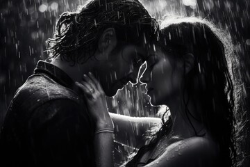 Black and white portrait of young couple in love under the rain, A black and white portrait of a couple sharing a passionate kiss in the rain, AI Generated