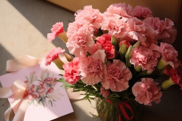 Bouquet of pink carnations on the table with gift box, A bouquet of carnations with a 'Happy Mother's Day' card, AI Generated