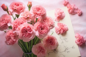 Bouquet of pink carnations on a light pink background, A bouquet of carnations with a 'Happy Mother's Day' card, AI Generated