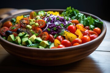 Healthy salad with avocado, tomato, cucumber and red cabbage, A bowl of colorful salad loaded with a variety of veggies, AI Generated