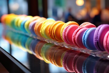 Colorful macaroons in a row on the counter of a cafe, A bursting rainbow of macarons in a Parisian...
