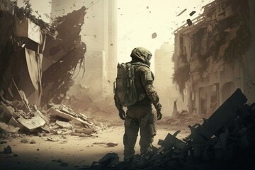 A soldier stands in a destroyed city with broken buildings and debris. Generative AI