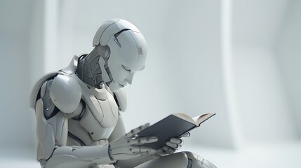 Artificial intelligence android robot reading a book. Extremely closed-up humanoid cute little robot reading a book in a clean minimal background.