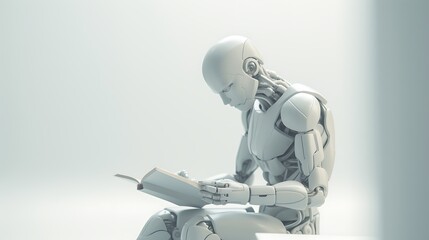 Artificial intelligence android robot reading a book. Extremely closed-up humanoid cute little robot reading a book in a clean minimal background.