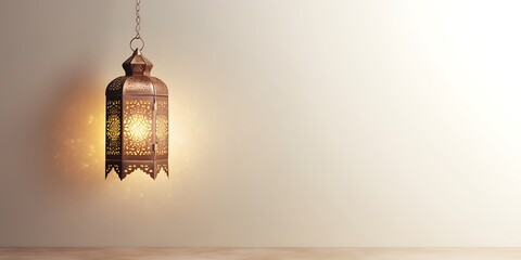 The Muslim feast of the holy month of Ramadan Kareem with ornamental Arabic lanterns burning glowing candles. Beautiful background with a shining lantern Fanus. Free space for your text.