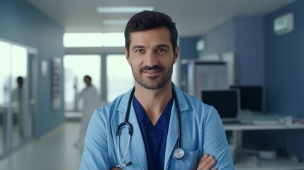Photograph of a smiling, attractive male professional doctor nurse pediatrician, dressed in a blue robe, holding a stethoscope around his neck.