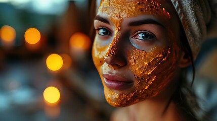 Young woman smeared her face with a mask with turmeric, caring for skin health, home beauty treatments - obrazy, fototapety, plakaty