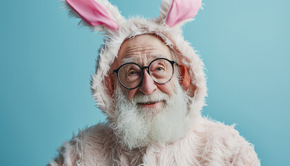 Cheerful Senior Man in Easter Bunny Costume - obrazy, fototapety, plakaty