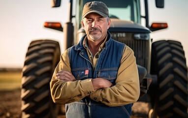 senior western farmer standing at farm with tractor