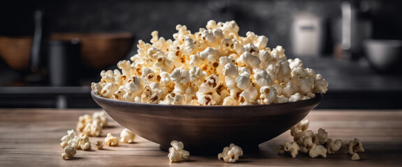 Bowl of popcorn on a kitchen table, with a dark background for a moody food photo.