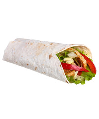 Delicious turkish doner kebab with shrimps grilled, onion, tomatoes, lettuce, parsley, carrot, cucumbers and sauce