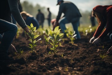 Reforestation Efforts by Eager Volunteers.
Eager volunteers working on reforestation by planting saplings in dirt. - obrazy, fototapety, plakaty