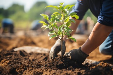 Volunteer Gardening Young Plant.
Volunteer in blue planting a young tree in the soil. - obrazy, fototapety, plakaty