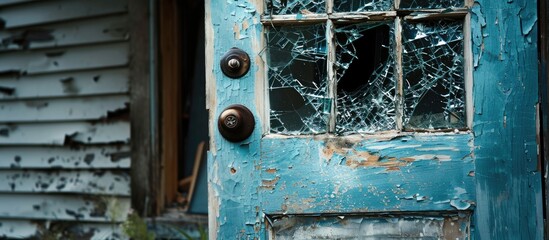 Fototapeta na wymiar Damaged PVC door with shattered glass.