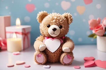 Teddy bear with love and flowers on pastel background