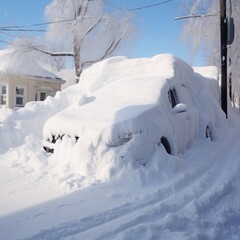 car got stuck in a deep snowdrift in the yard next to the house. consequences of heavy snowfall.