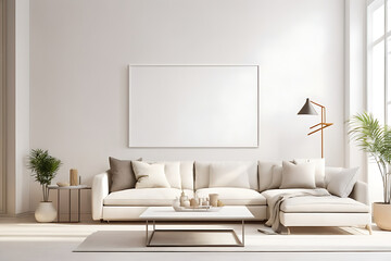 Photo white minimalist interior living room with White wall mockup - obrazy, fototapety, plakaty