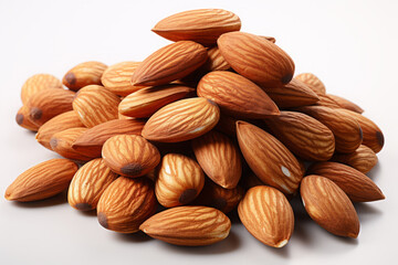 almonds on a white background. bunch of peeled nuts. snack, healthy vegan product.