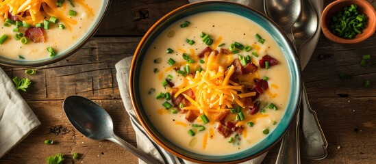 Loaded Baked Potato Soup with Cream, Cheese, Bacon, and Chives. - obrazy, fototapety, plakaty