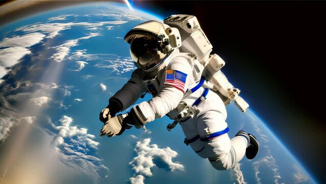 An astronaut floating against the backdrop of Earth, conducting a spacewalk from the Space Station.
