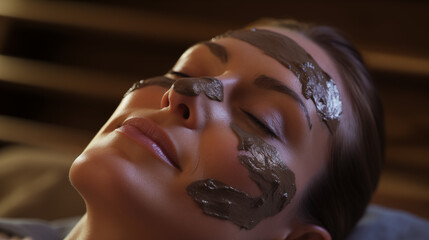The image shows a serene woman lying down with her eyes closed, enjoying a spa treatment with a thick, mud facial mask applied to her skin, conveying a sense of relaxation and self-care.