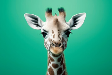 Obraz premium giraffe. the head of an animal on a green studio background. close-up portrait. full face.