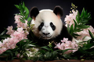 panda, bamboo bear, close-up portrait. studio floral background.