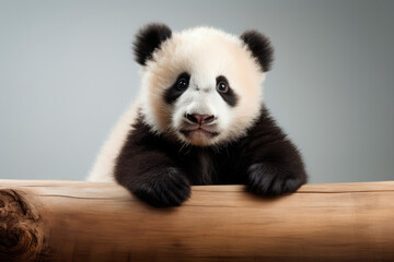 panda, cute bear cub, close-up portrait on a studio gray background.