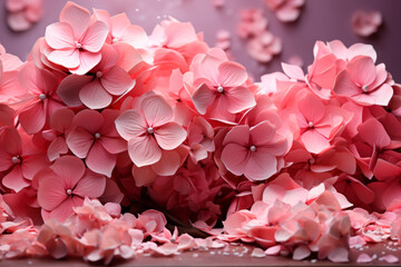 hydrangea with pink petals, garden inflorescences close-up. bright floral background, natural backdrop.