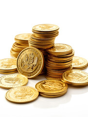 antique stack of gold coins treasures on white background created with Generative AI Technology