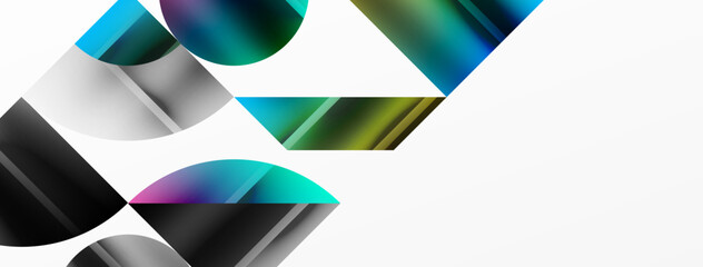 Elegant minimalist background with color metallic circles and triangles, creating harmonious composition of geometric shapes for wallpaper, banner, background, landing page