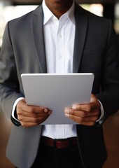 Cropped shot of young businessman working on his project while using digital tablet in modern office room