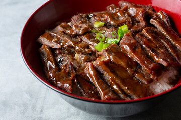 A closeup view of a teriyaki beef bowl.
