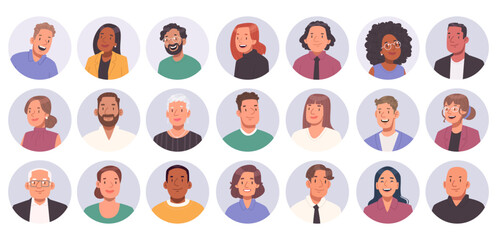 Collection of avatars of happy business people in a circle. Happy business men and women - obrazy, fototapety, plakaty