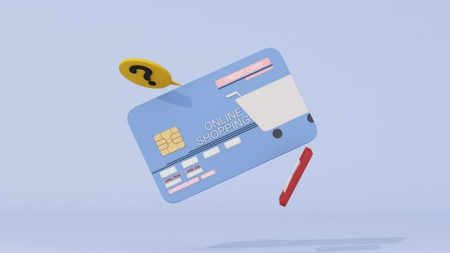 credit payment credit card. Canceled payment concept. Error and red cross sign. Blocked account. No pay. Cards not accepted. Cartoon illustration isolated on purple background. 3D Rendering	