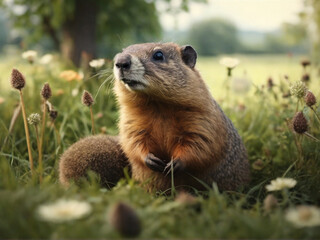 Naklejka na ściany i meble Groundhog in grass field garden on Groundhog Day