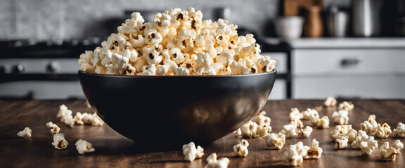 Dark background, a bowl of popcorn on a kitchen table.